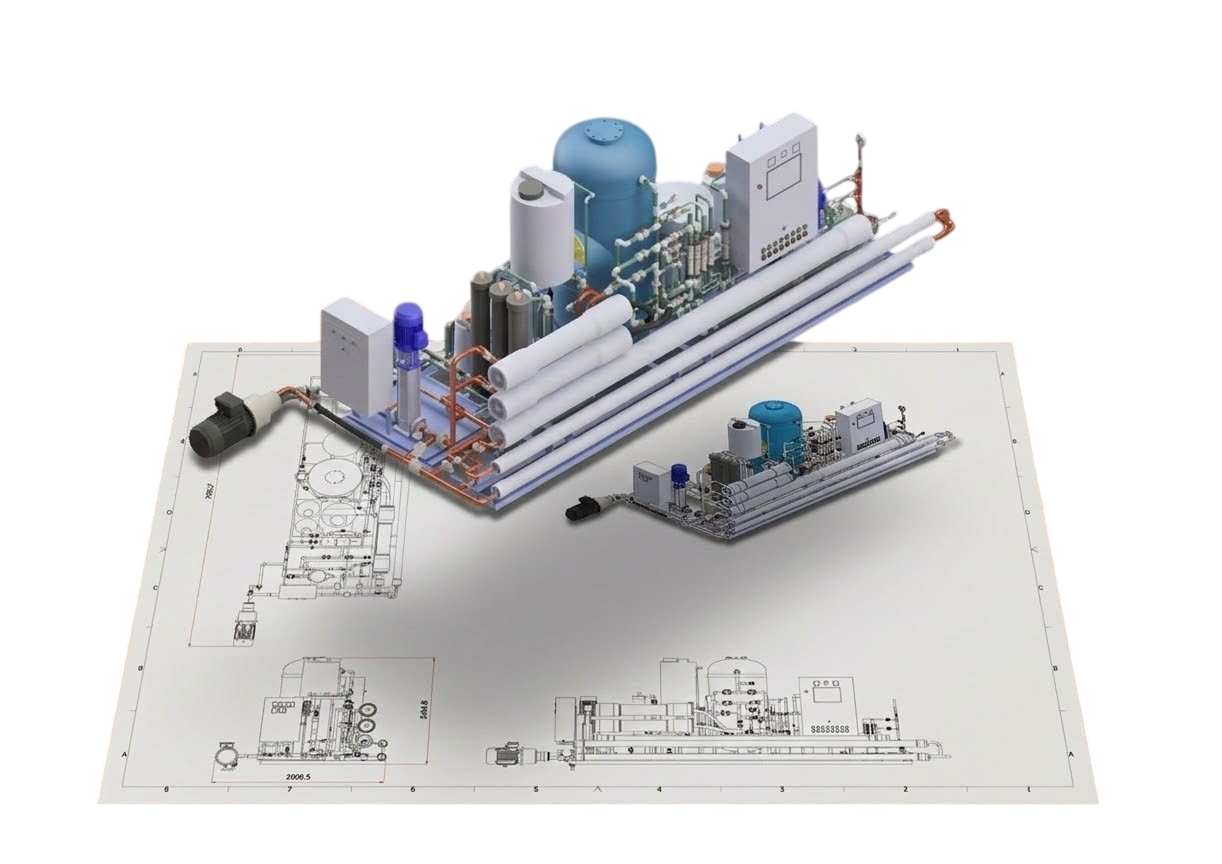Render 3D de planta de ósmosis sobre plano